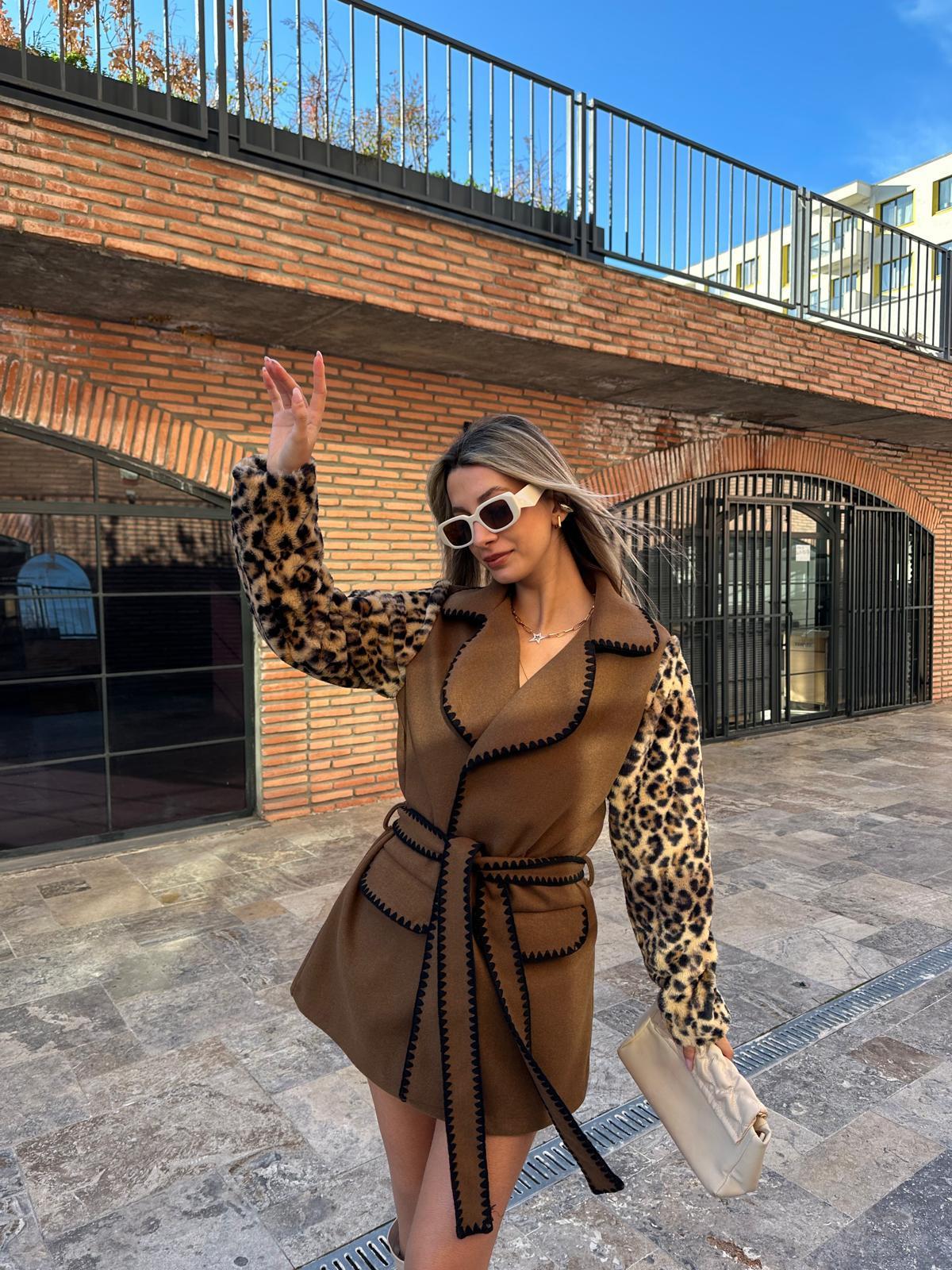 Çoban Dikişli Leopar Kaşe Kaban Kahverengi kbn1093rvd