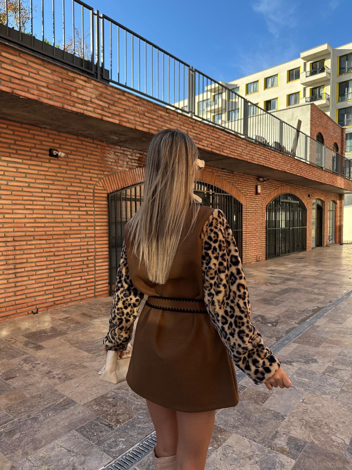 Çoban Dikişli Leopar Kaşe Kaban Kahverengi kbn1093rvd