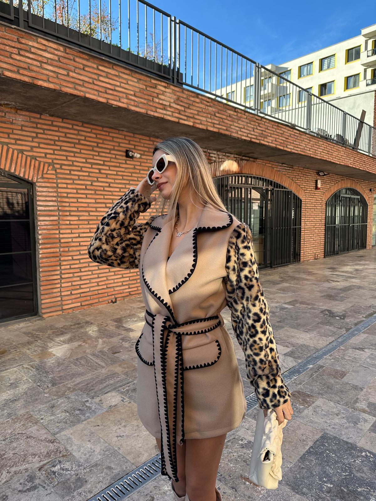 Çoban Dikişli Leopar Kaşe Kaban Krem kbn1093rvd