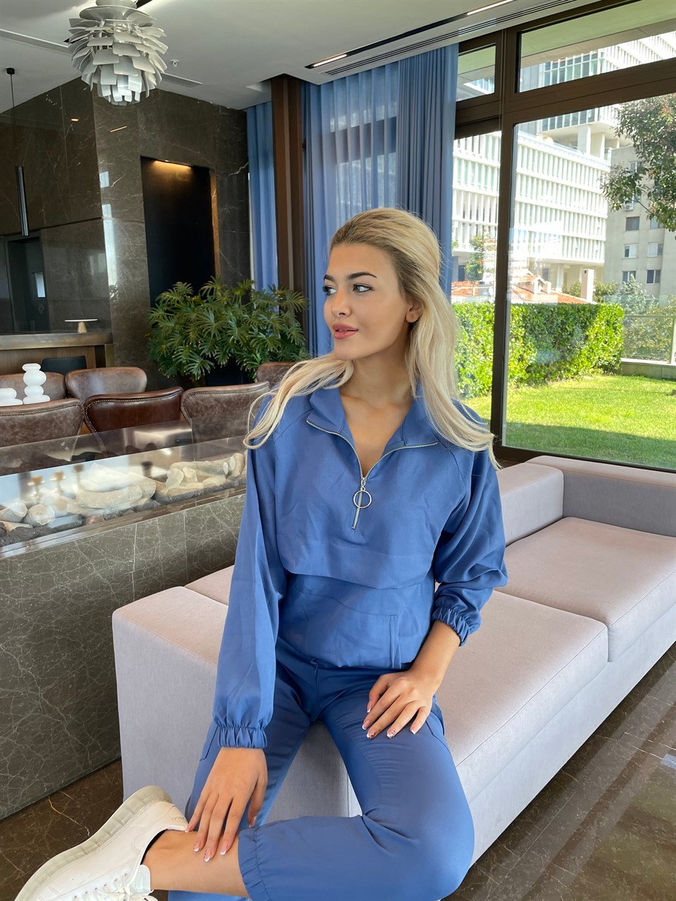 Crep Kumaş Kanguru Cepli İndigo Takım