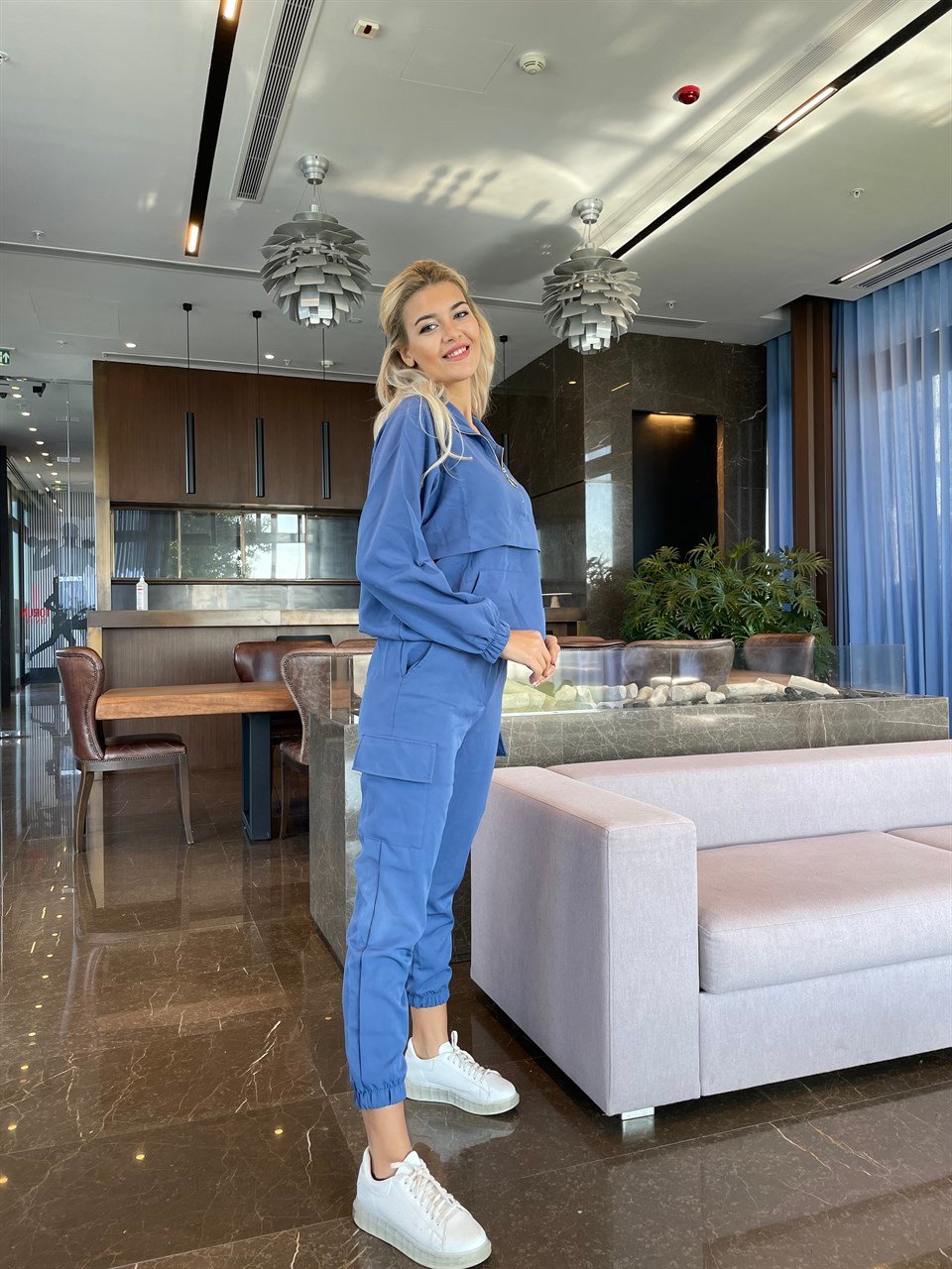 Crep Kumaş Kanguru Cepli İndigo Takım