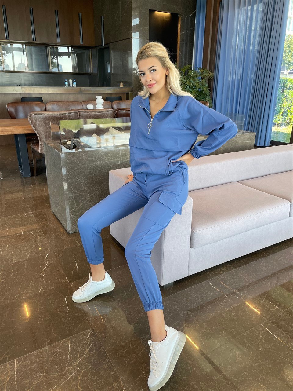 Crep Kumaş Kanguru Cepli İndigo Takım