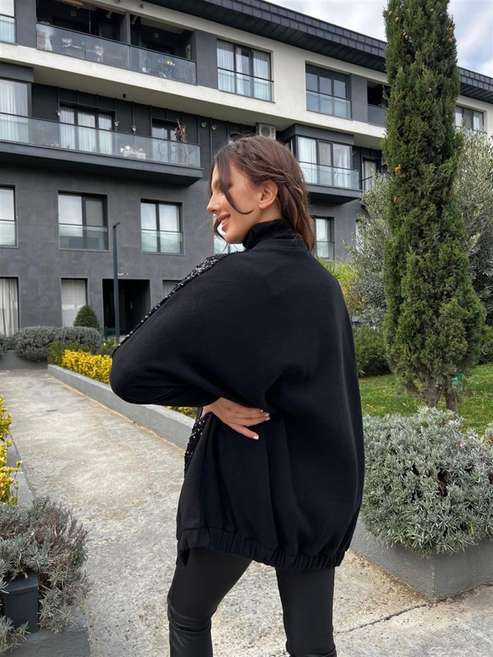 Damla Taşlı Payetli Siyah Hırka 3214
