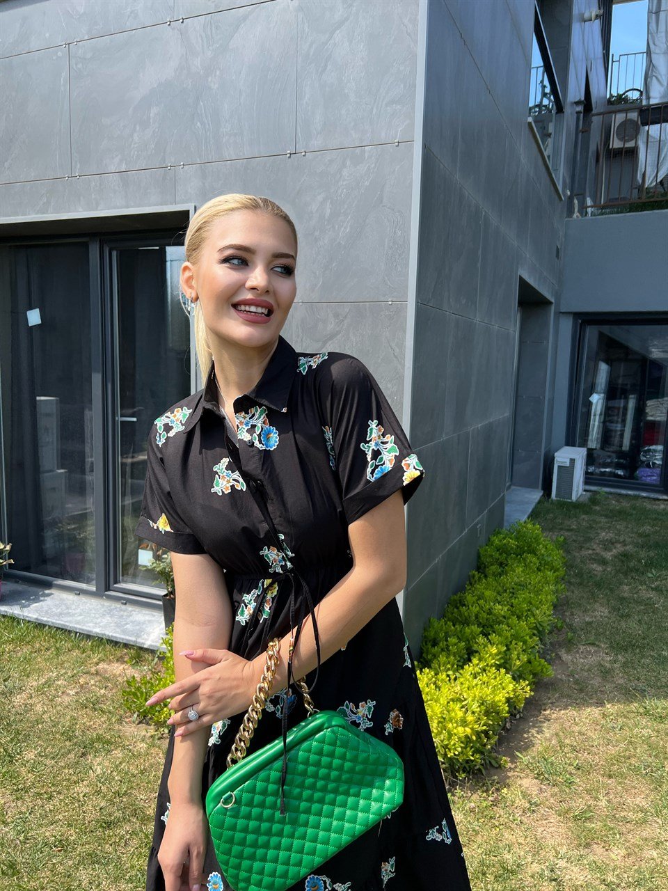 Desenli Siyah Poplin Elbise