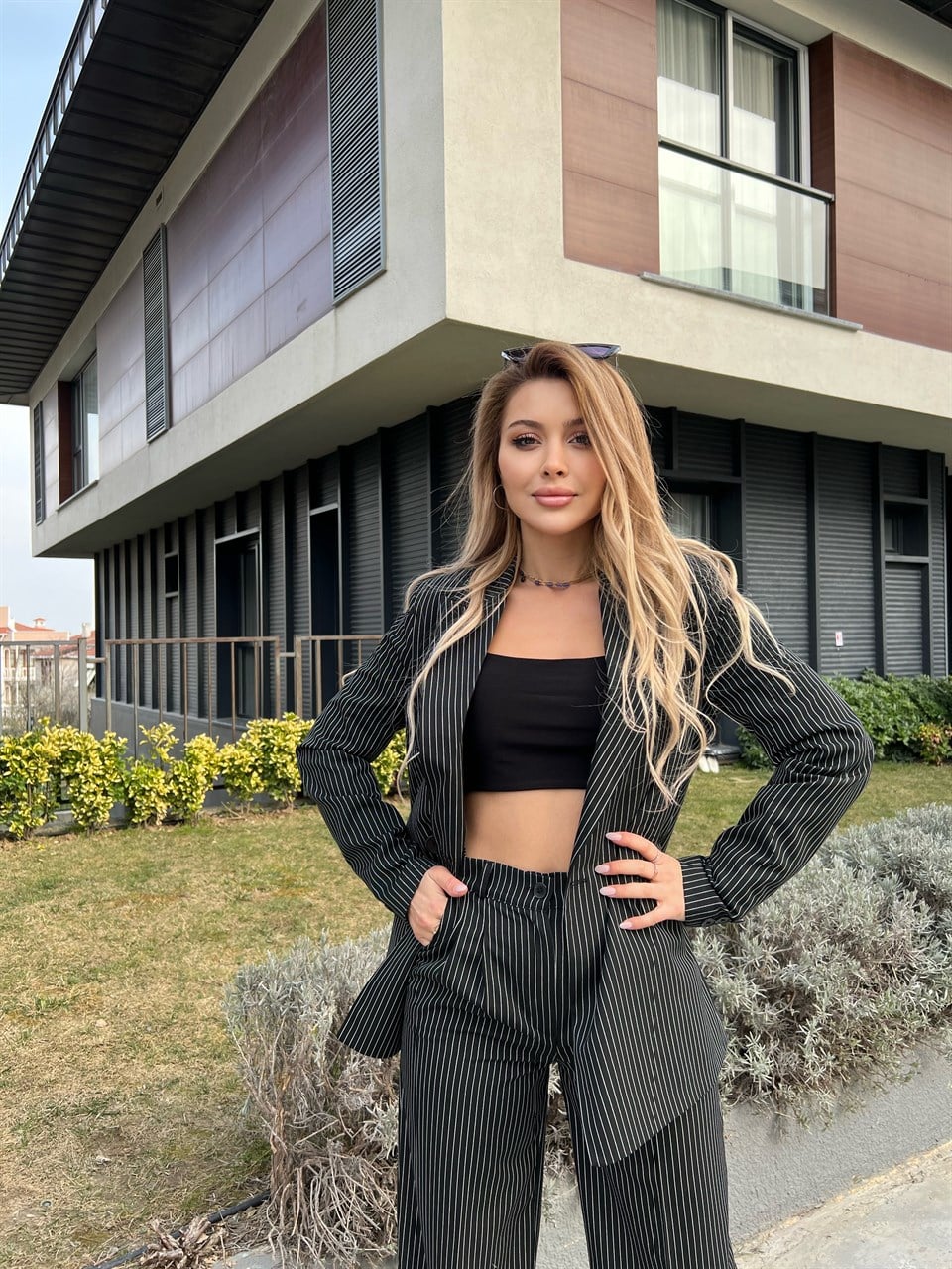 Dikey Çizgili Palazzo Takım