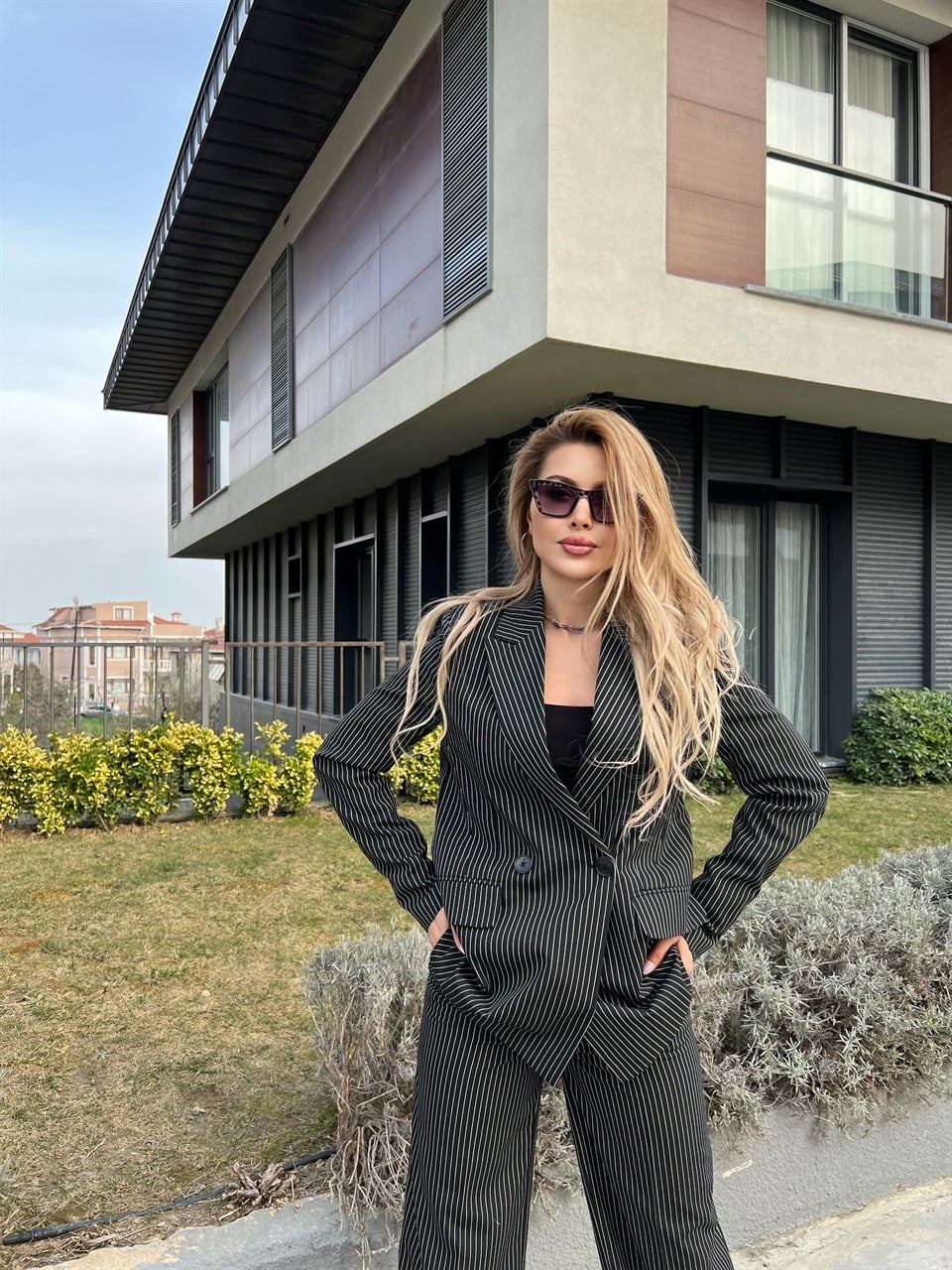 Dikey Çizgili Palazzo Takım