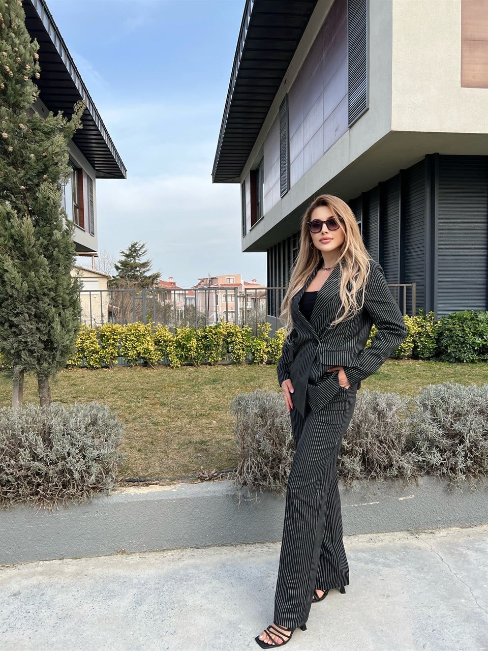 Dikey Çizgili Palazzo Takım