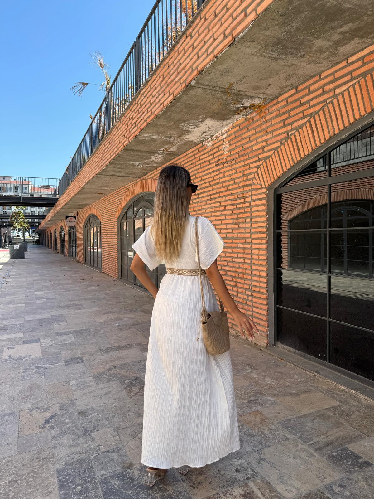 Dipa Hasır Kemerli Kruvaze Keten Elbise  070621131