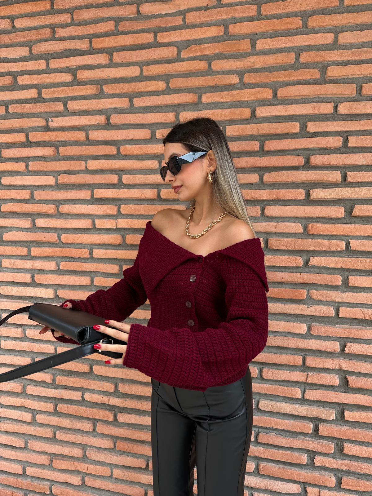 Dökük Yaka Triko Bluz Bordo kzk1028rvd