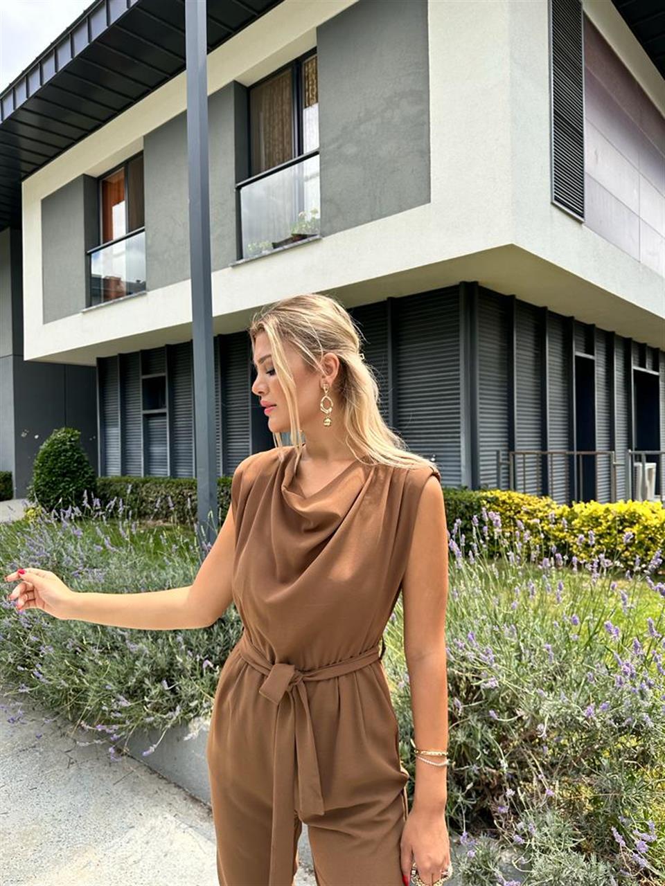 Dökümlü Yaka Beli Lastikli Kahverengi Tulum Tulum 0707284