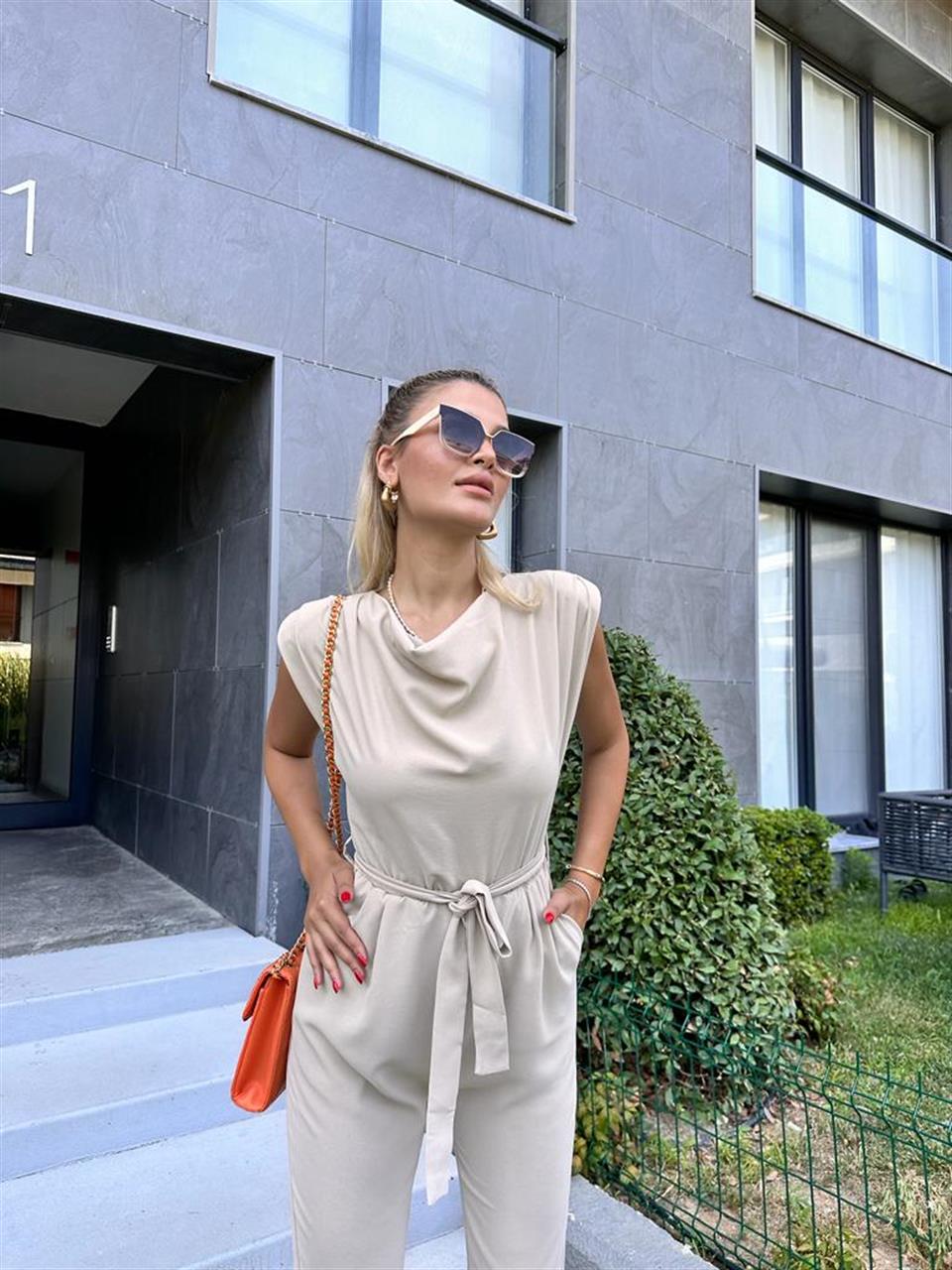 Dökümlü Yaka Beli Lastikli Krem Tulum  0707284