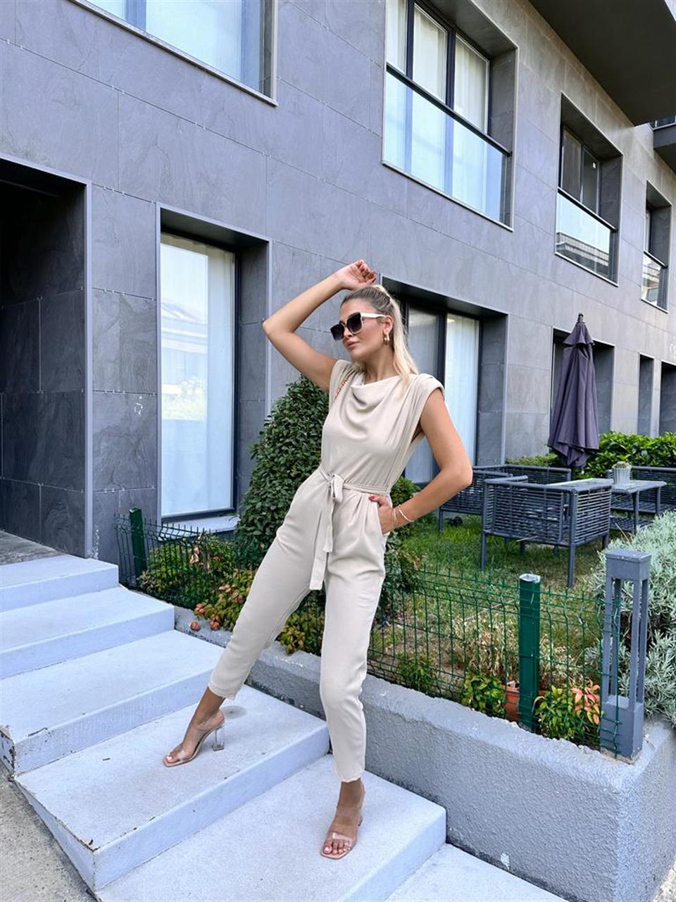 Dökümlü Yaka Beli Lastikli Krem Tulum  0707284