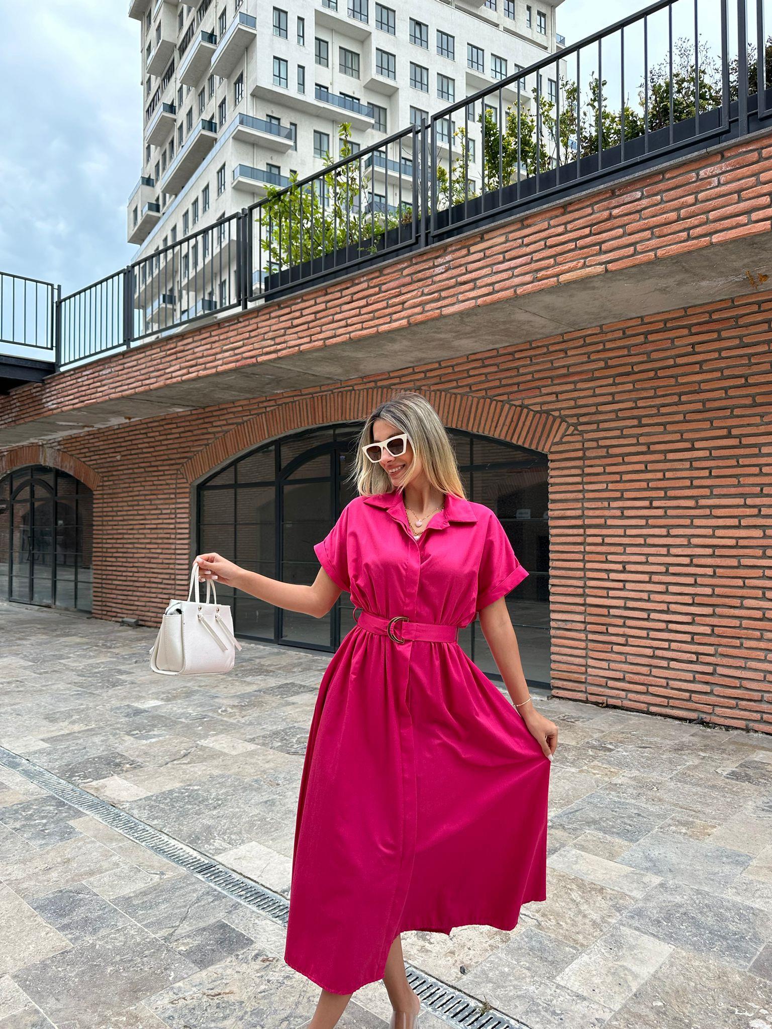 Doroti poplin Kumaş Kuşaklı Gömlek Elbise Fuşya 07062106