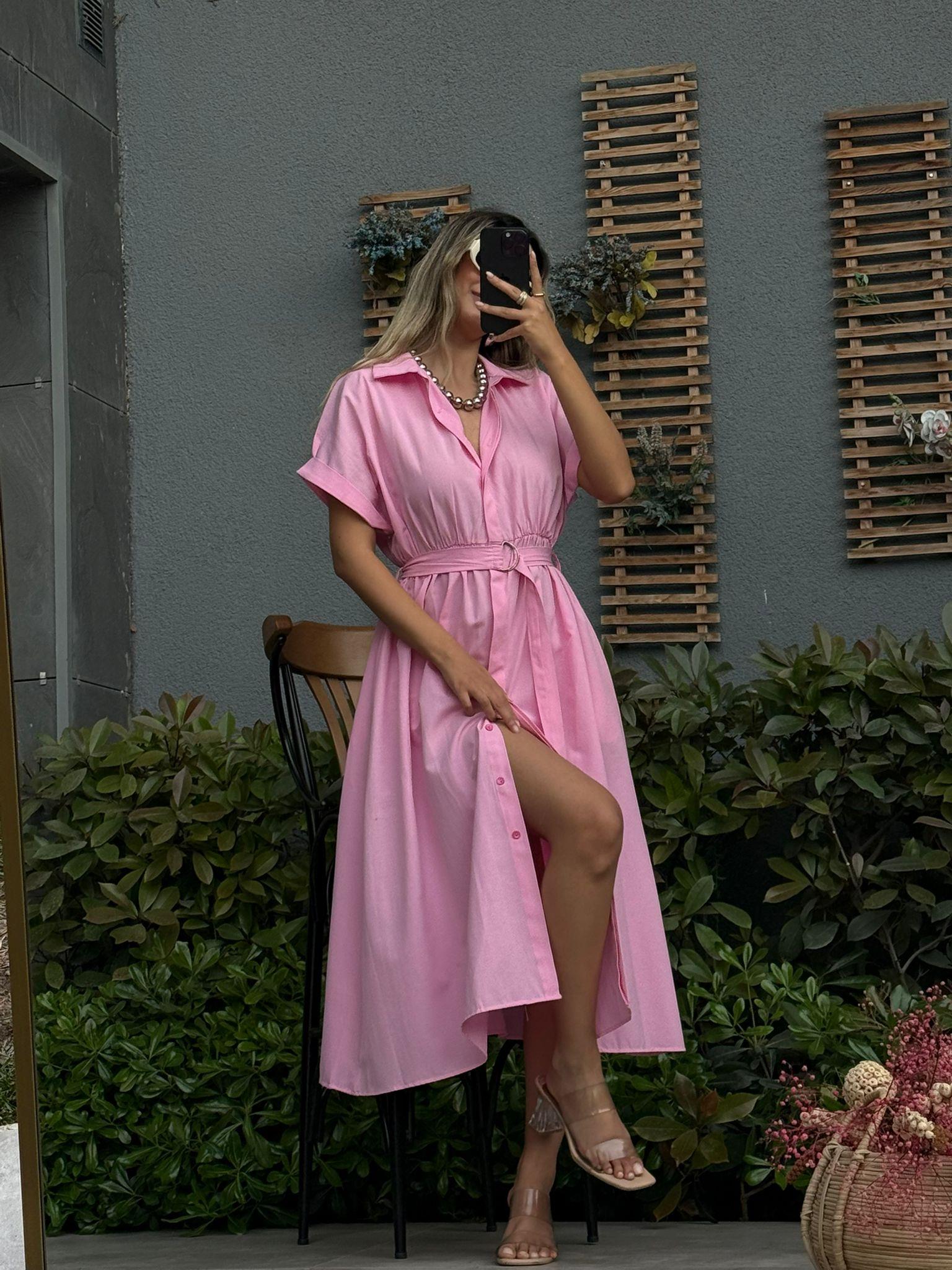 Doroti Poplin Kumaş Kuşaklı Gömlek Elbise Pembe07062106