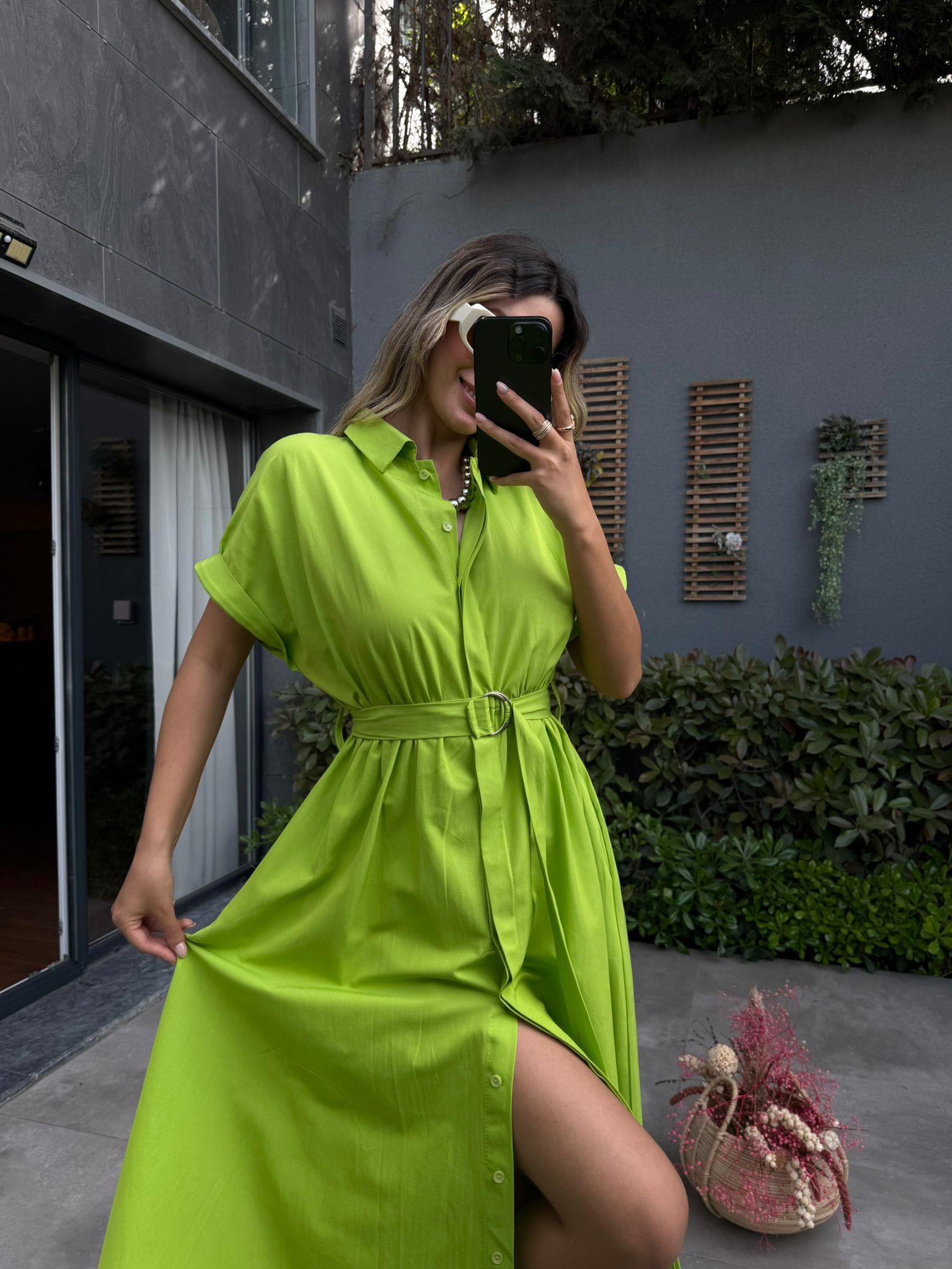 Doroti Poplin Kumaş Kuşaklı Gömlek Elbise Fıstık Yeşili07062106