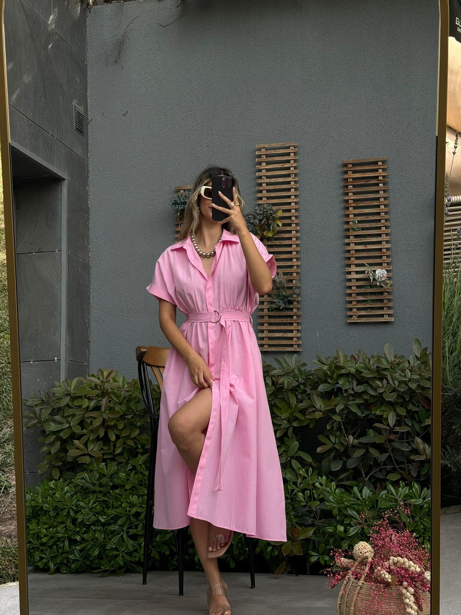 Doroti Poplin Kumaş Kuşaklı Gömlek Elbise Pembe07062106