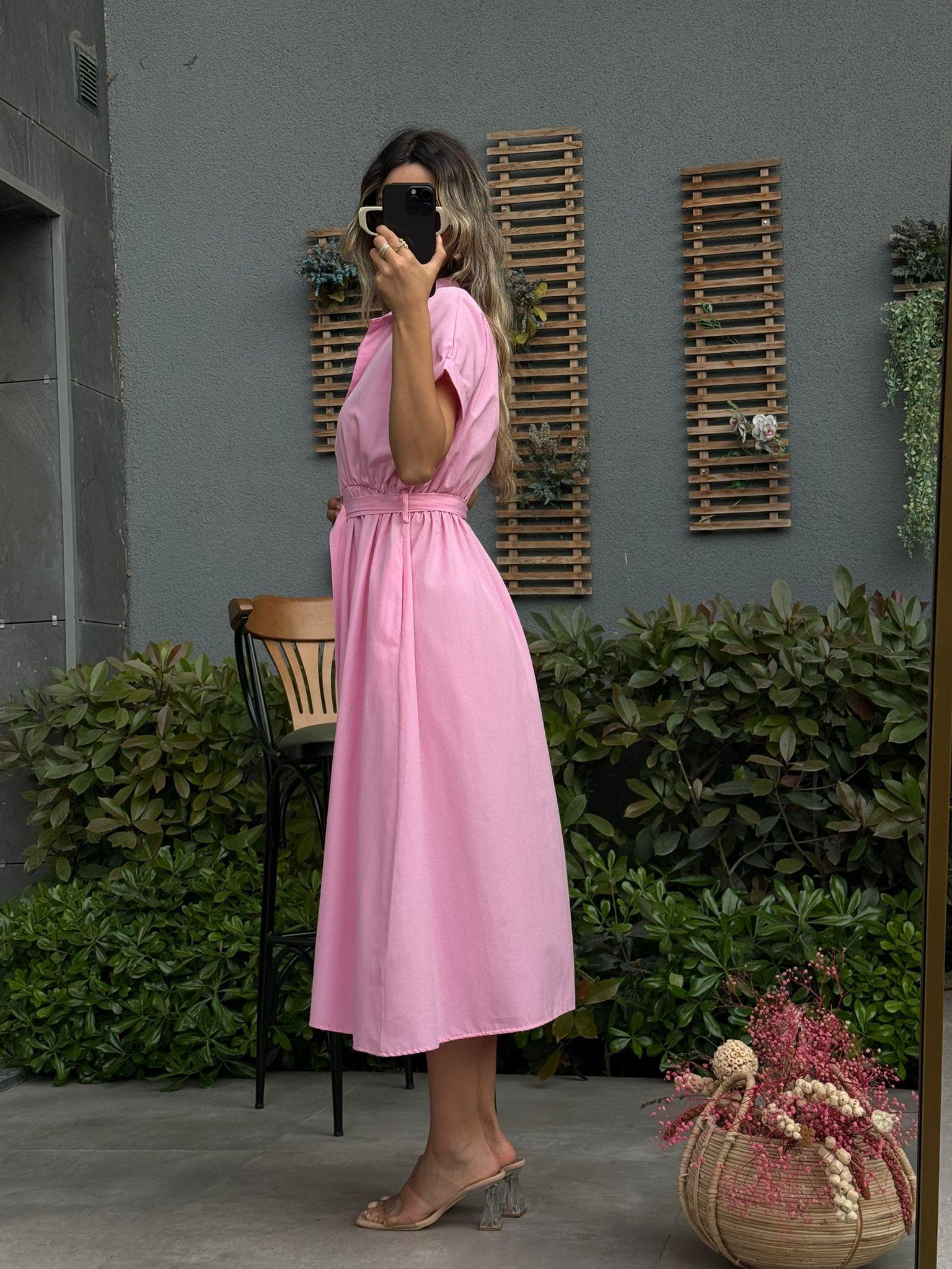 Doroti Poplin Kumaş Kuşaklı Gömlek Elbise Pembe07062106