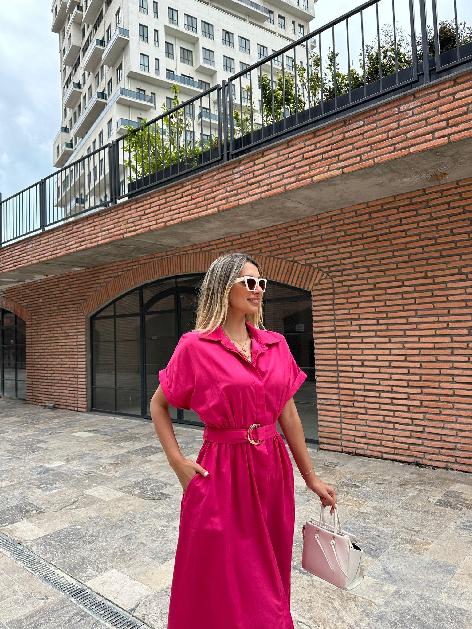 Doroti poplin Kumaş Kuşaklı Gömlek Elbise Fuşya 07062106