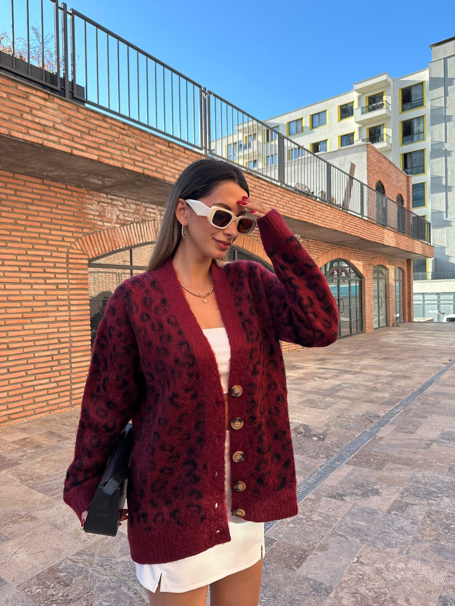 Düğmeli Leopar Hırka Bordo Siyah hrk1067feu