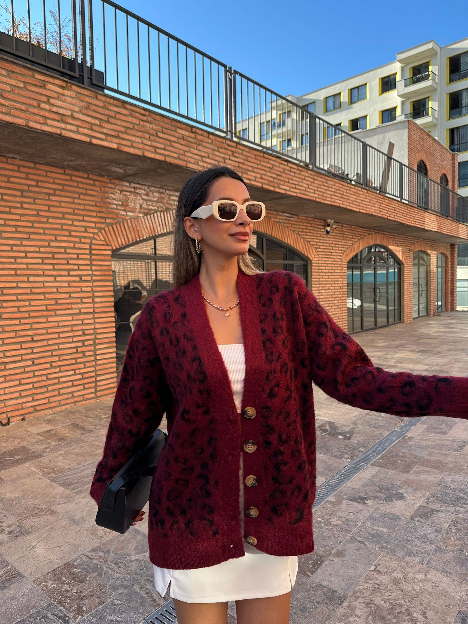 Düğmeli Leopar Hırka Bordo Siyah hrk1067feu