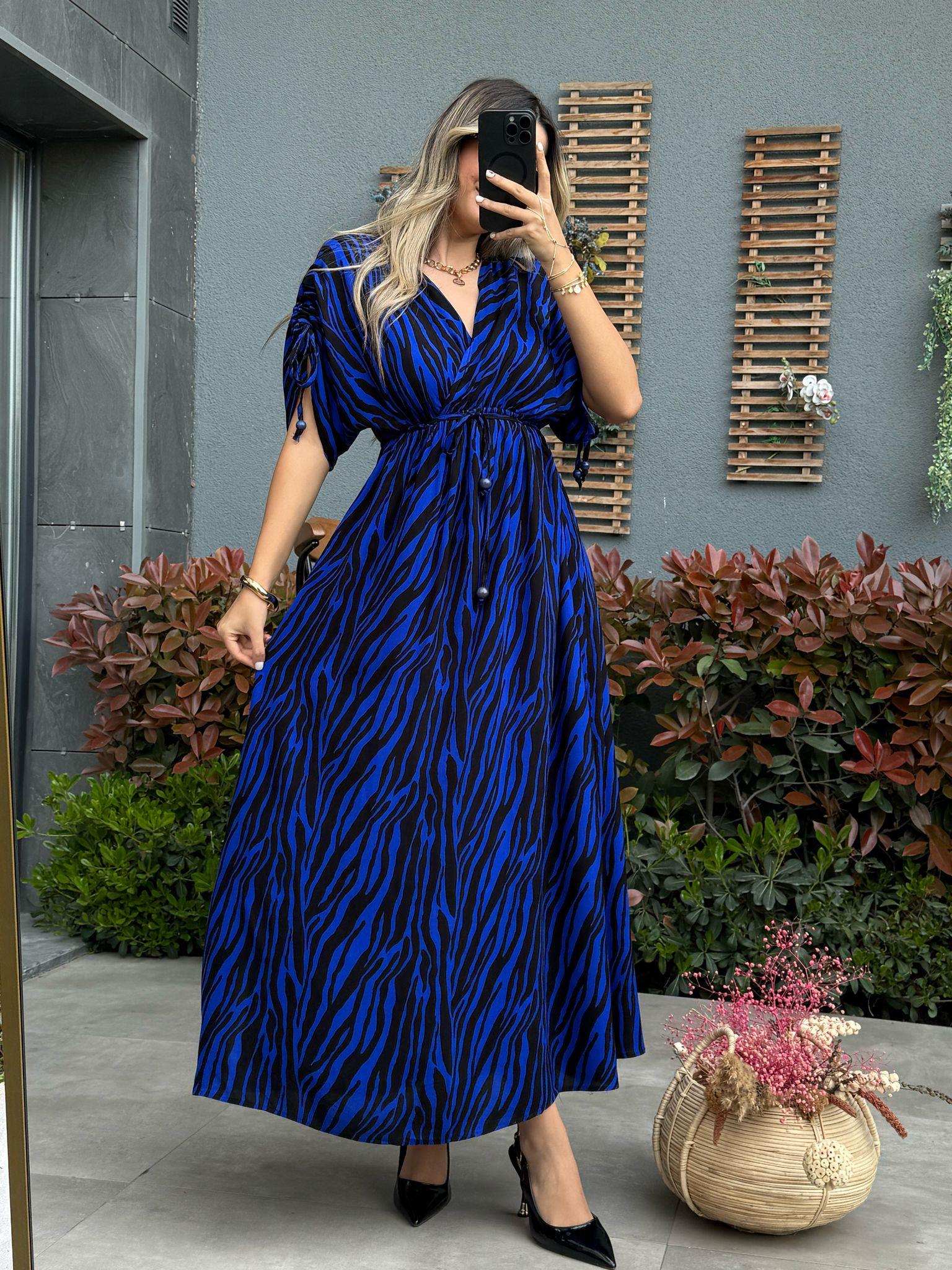 Düşük Kol Mavi Zebra Desen Viskon Elbise070621152