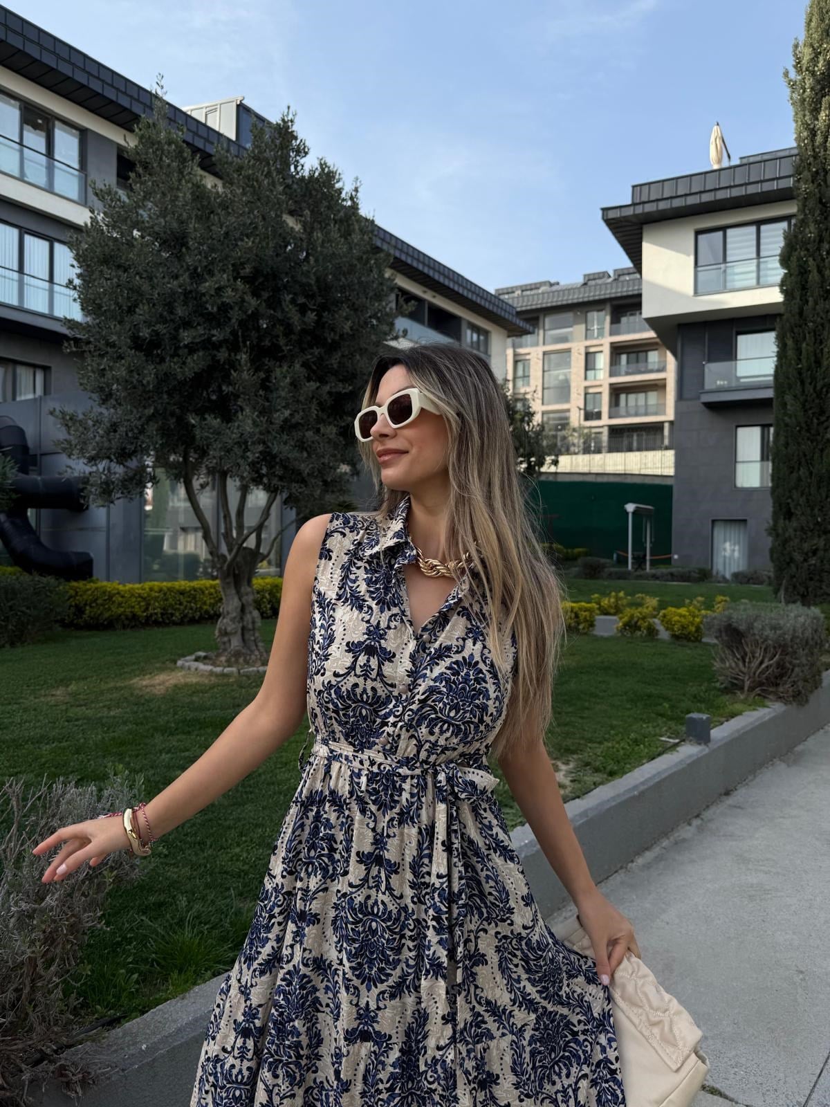 Ebruli Desen Kuşaklı Gömlek Elbise Maviyelb2219grs
