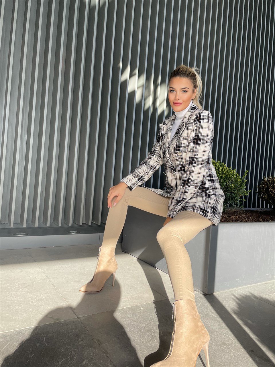 Ekose Düğme Detay Blazer Ceket