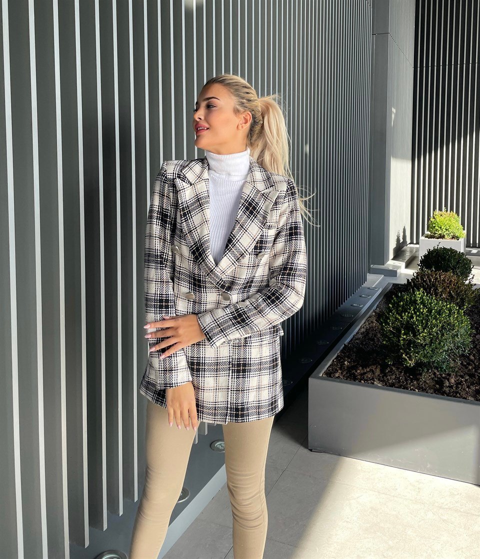 Ekose Düğme Detay Blazer Ceket
