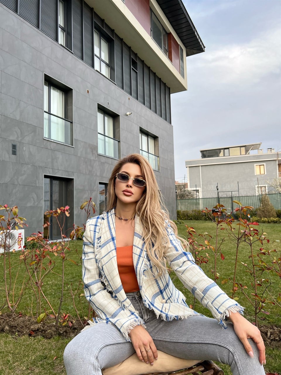 Ekose Mavi Tuvid Ceket
