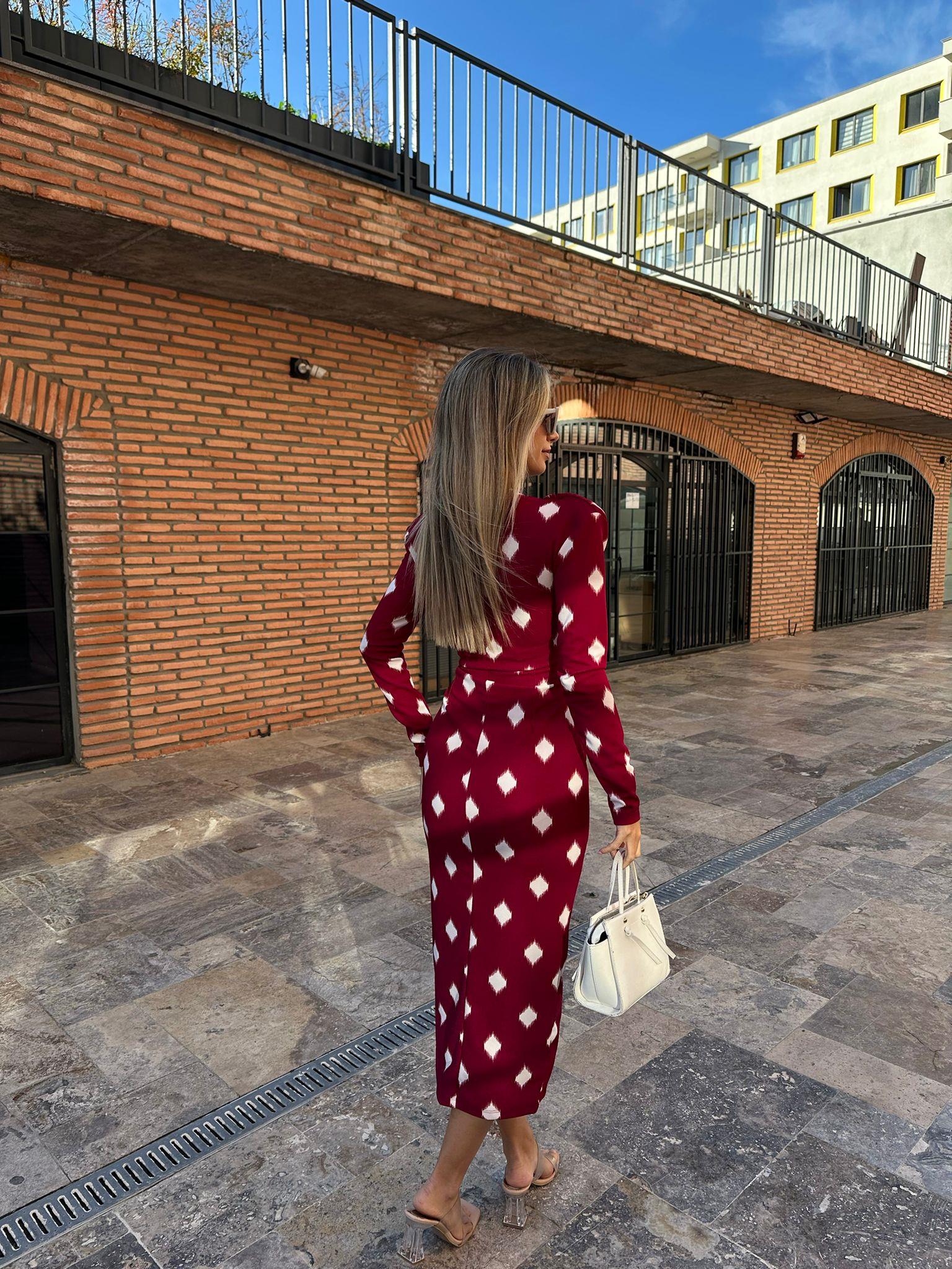 Eleni Uzun Kol Siyah Crep Kalem Bordo kelb1059ny