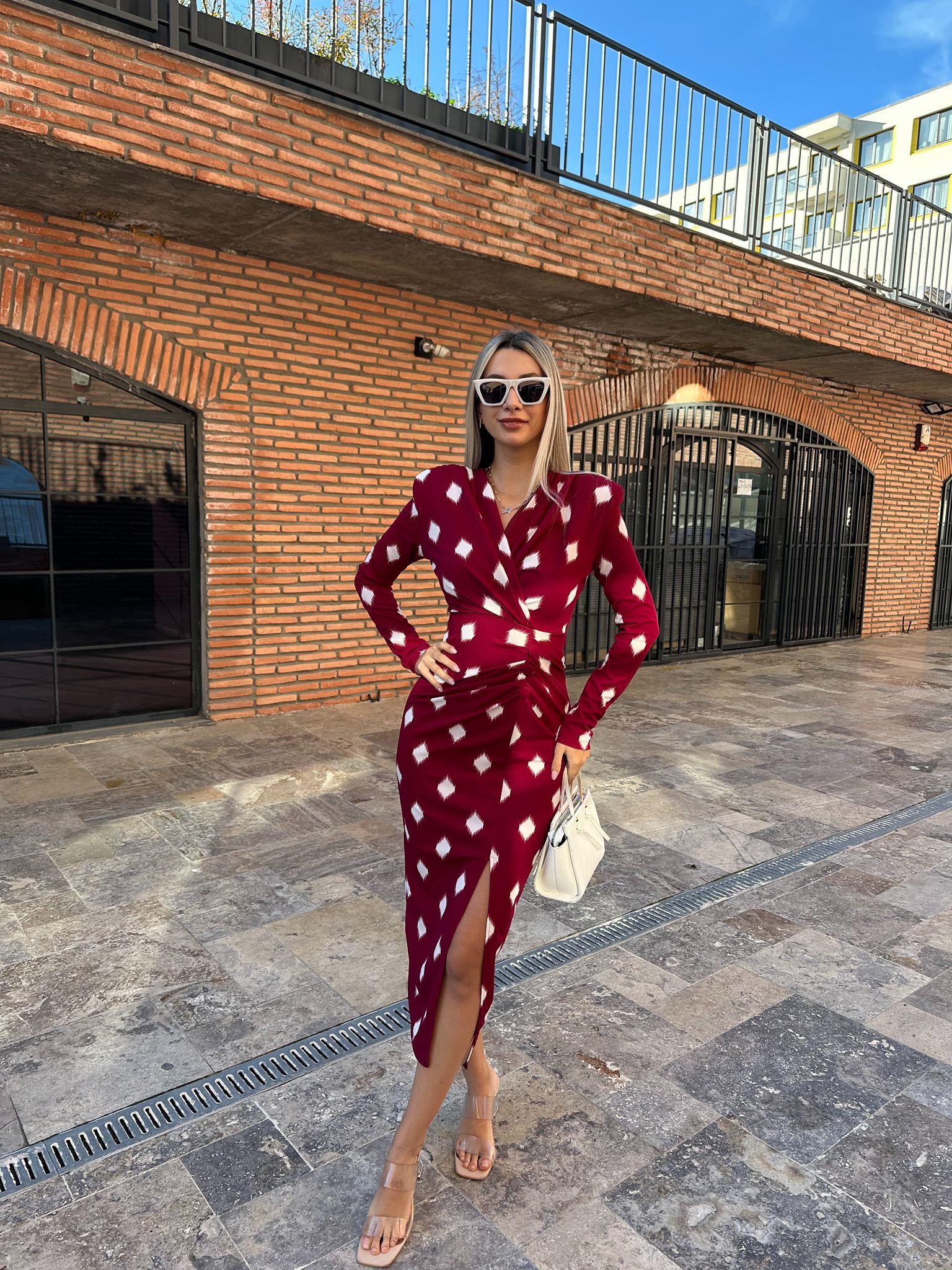 Eleni Uzun Kol Siyah Crep Kalem Bordo kelb1059ny