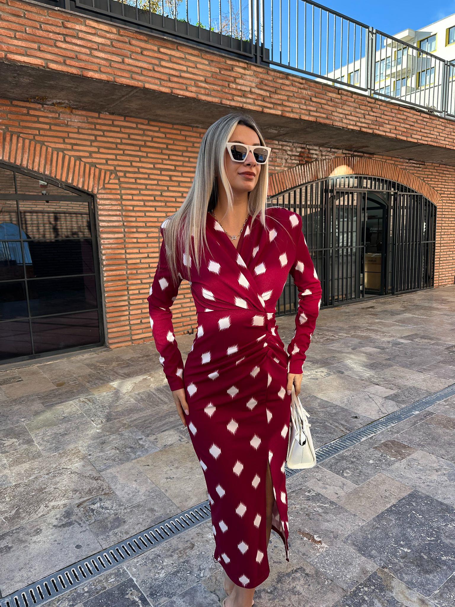 Eleni Uzun Kol Siyah Crep Kalem Bordo kelb1059ny
