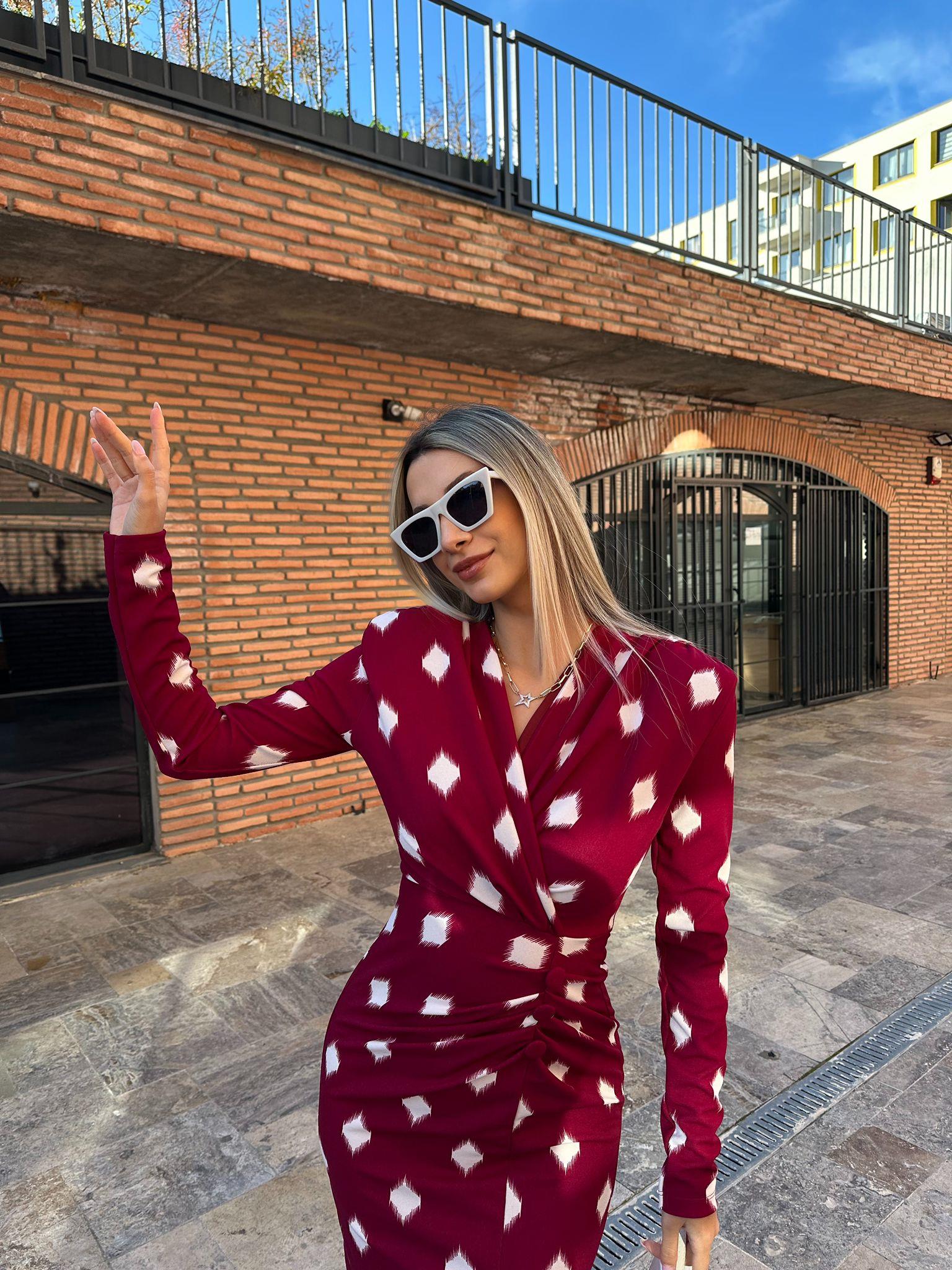 Eleni Uzun Kol Siyah Crep Kalem Bordo kelb1059ny