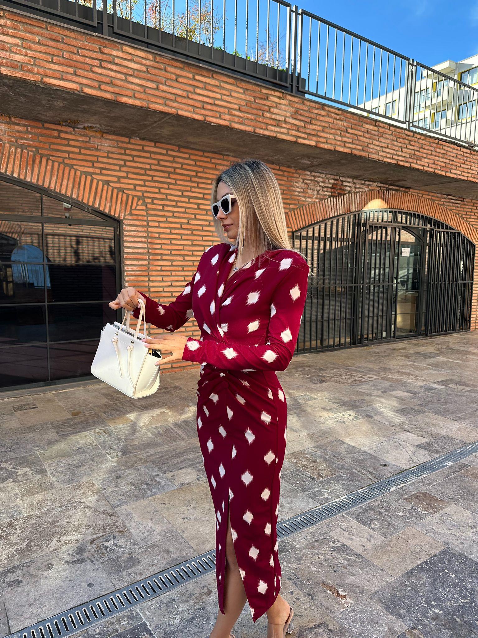 Eleni Uzun Kol Siyah Crep Kalem Bordo kelb1059ny