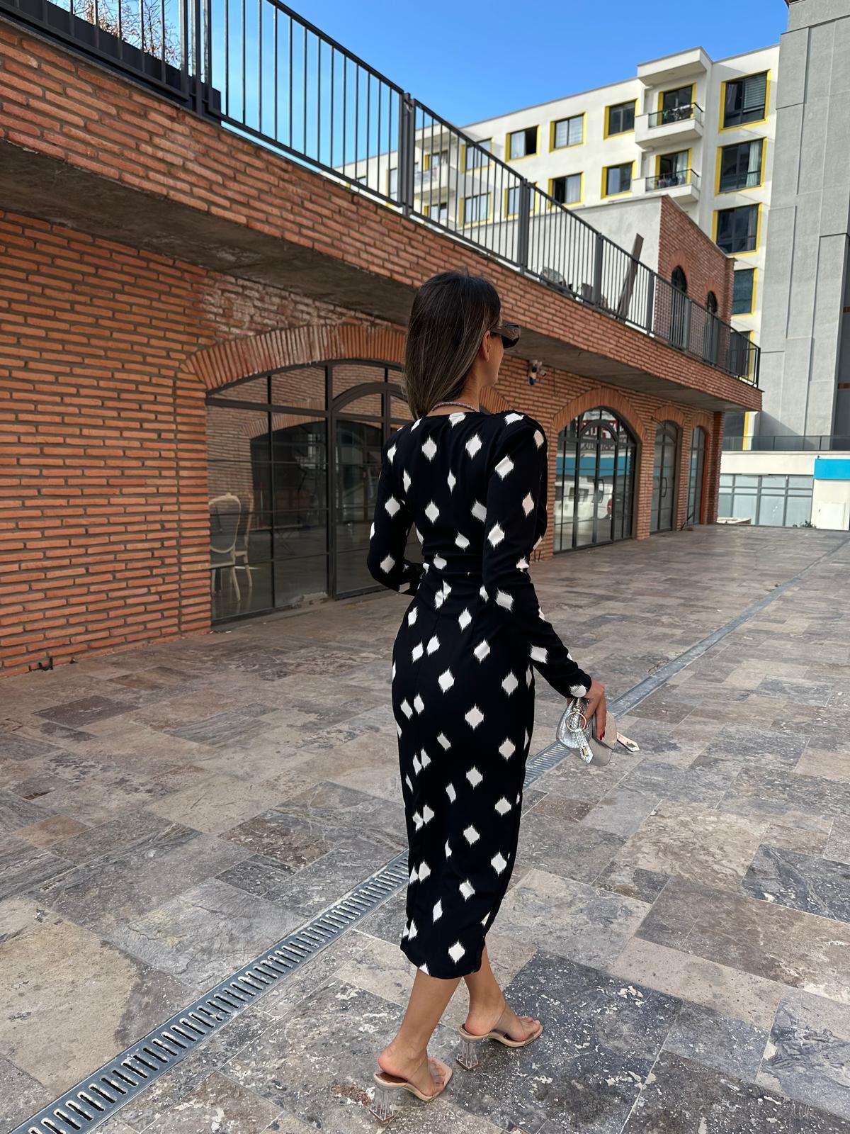 Eleni Uzun Kol Siyah Crep Kalem Elbise  elb1059ny