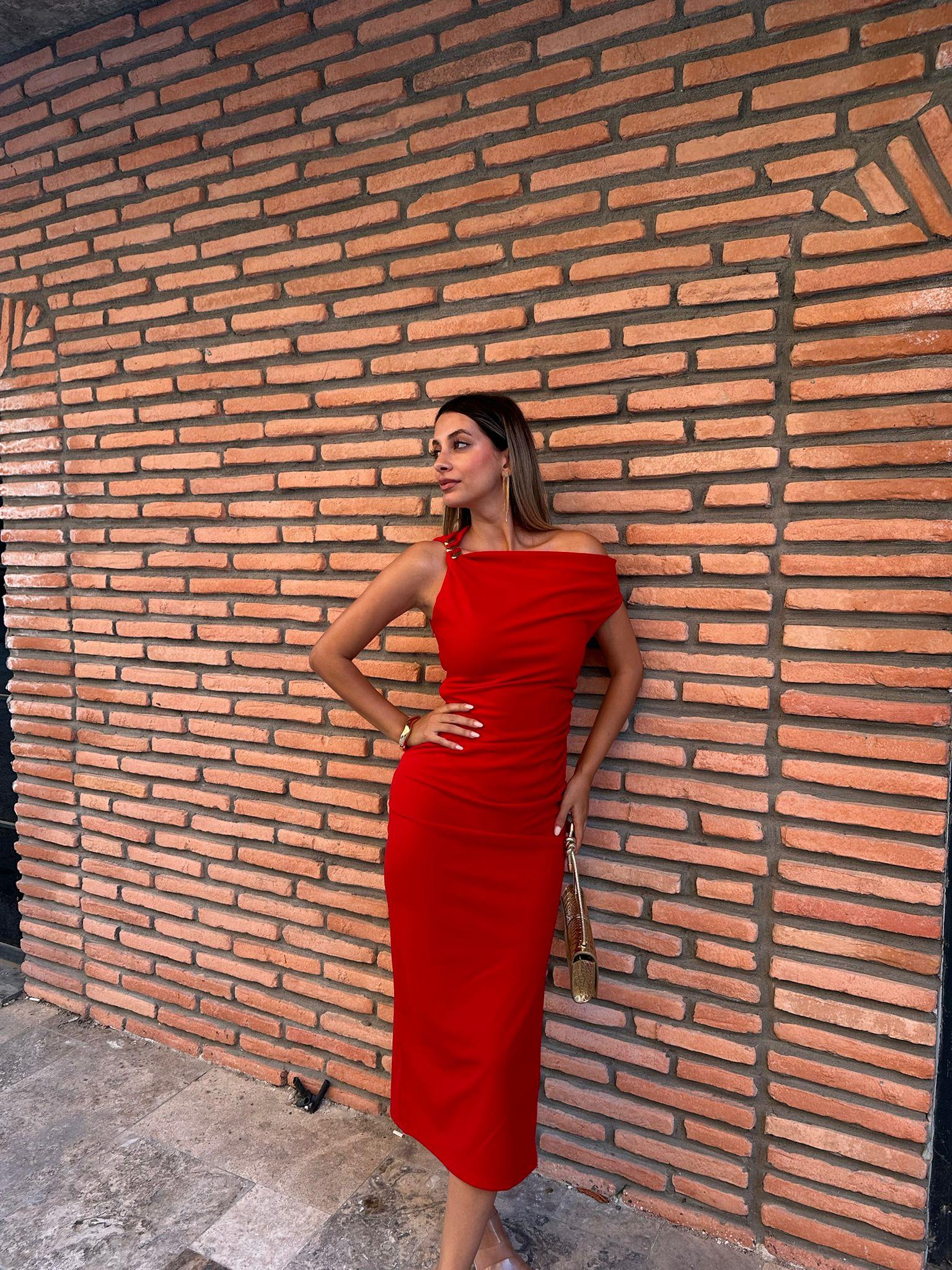 Elvira Düşük Kol Gold Askılı Kalem Elbise Kırmızı 070621218