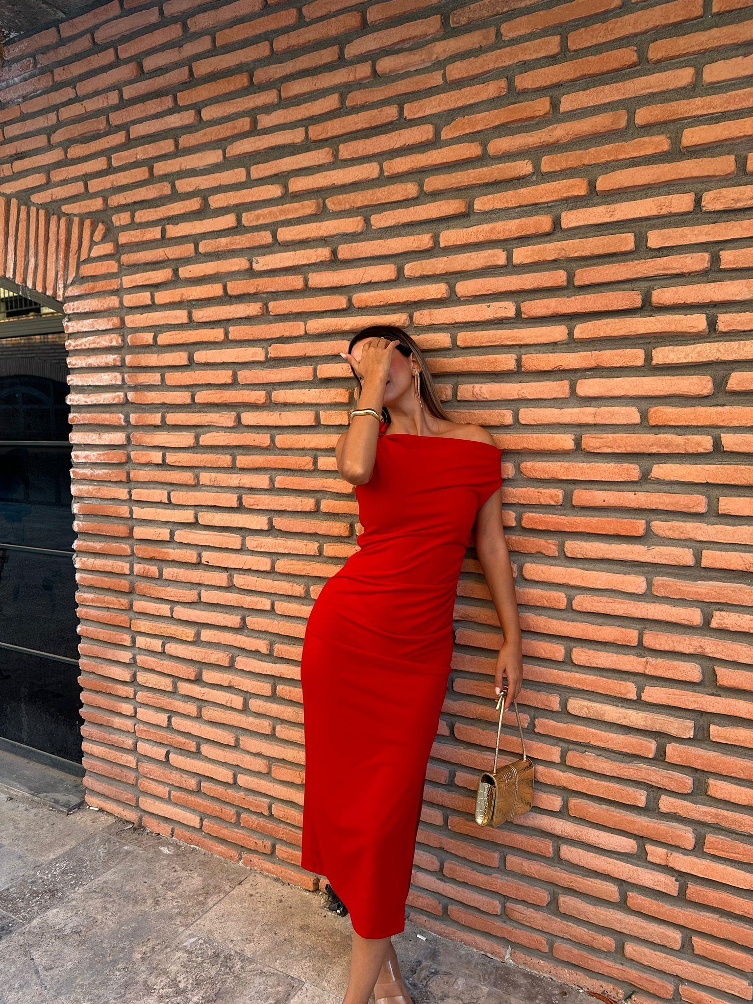 Elvira Düşük Kol Gold Askılı Kalem Elbise Kırmızı 070621218
