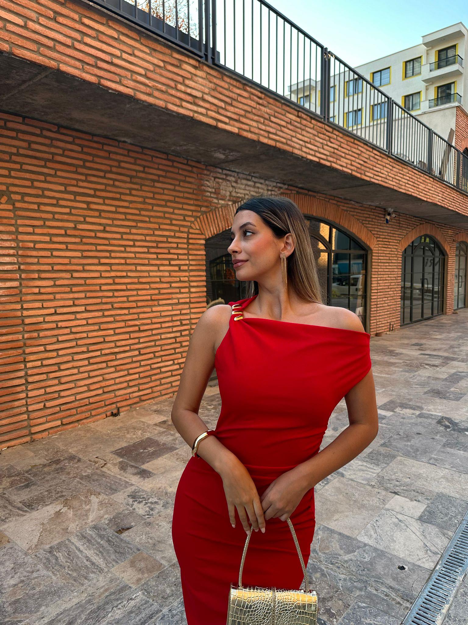 Elvira Düşük Kol Gold Askılı Kalem Elbise Kırmızı 070621218