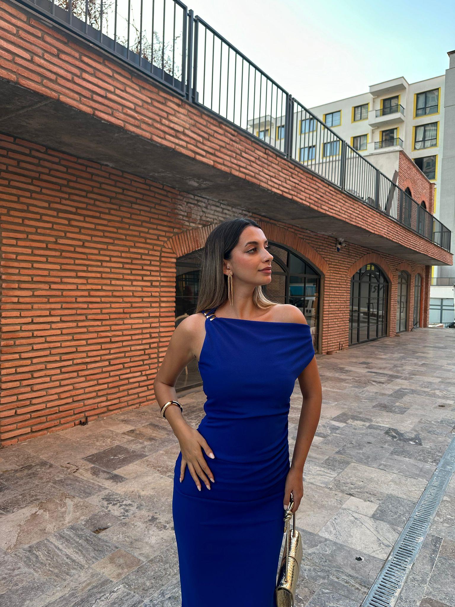 Elvira Düşük Kol Gold Askılı Kalem Elbise Seks Mavisi 070621218
