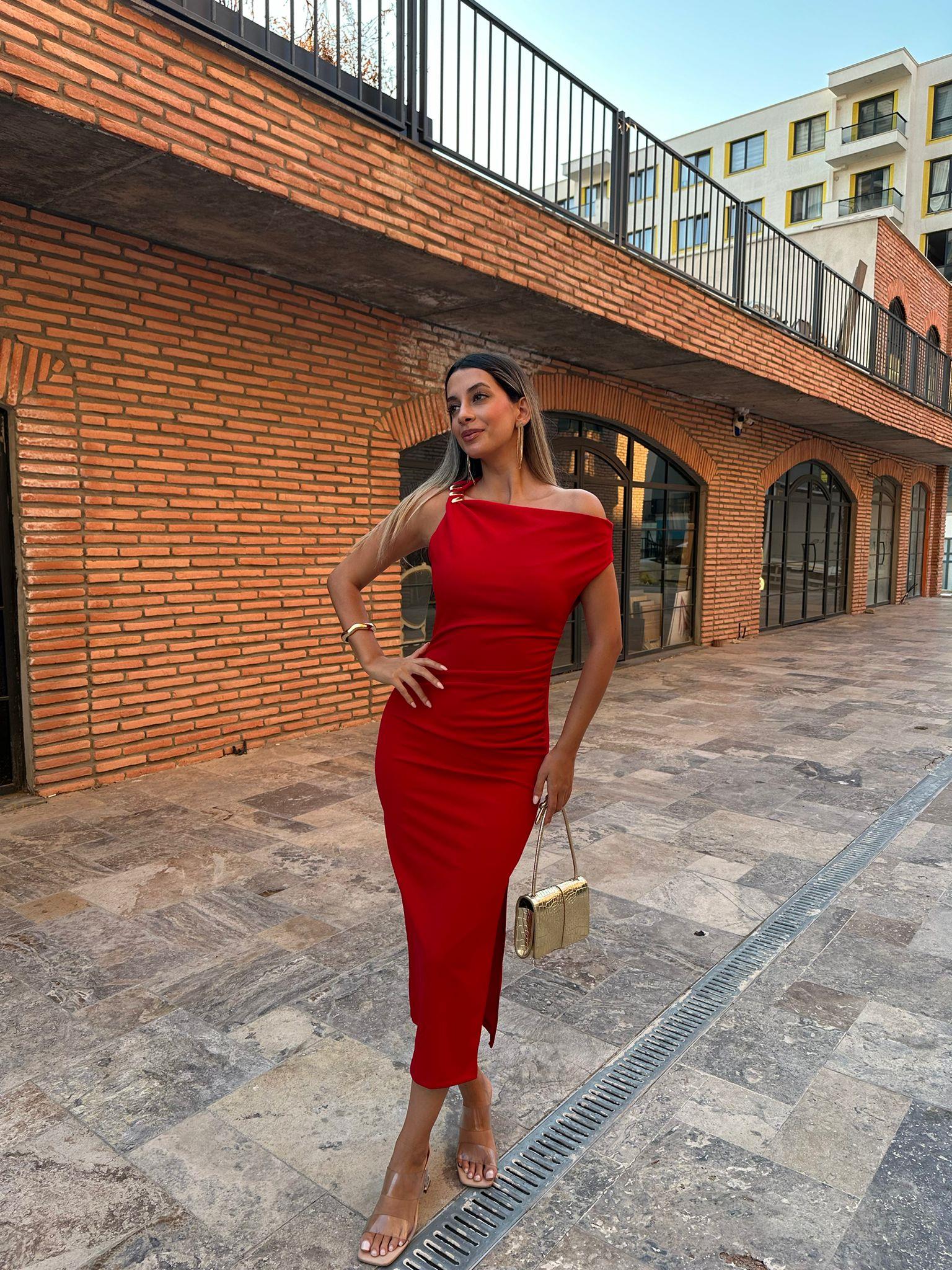 Elvira Düşük Kol Gold Askılı Kalem Elbise Kırmızı 070621218