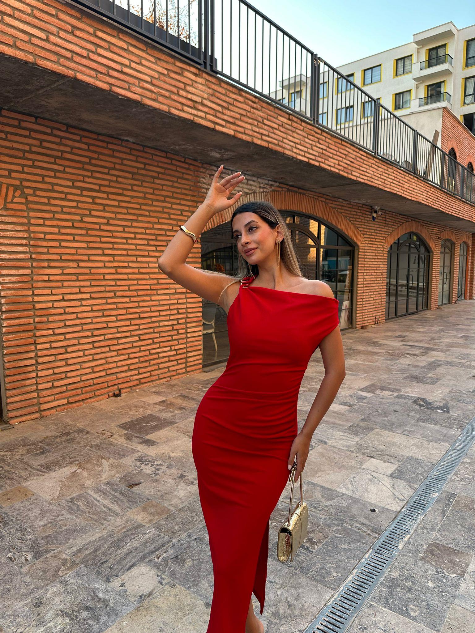 Elvira Düşük Kol Gold Askılı Kalem Elbise Kırmızı 070621218