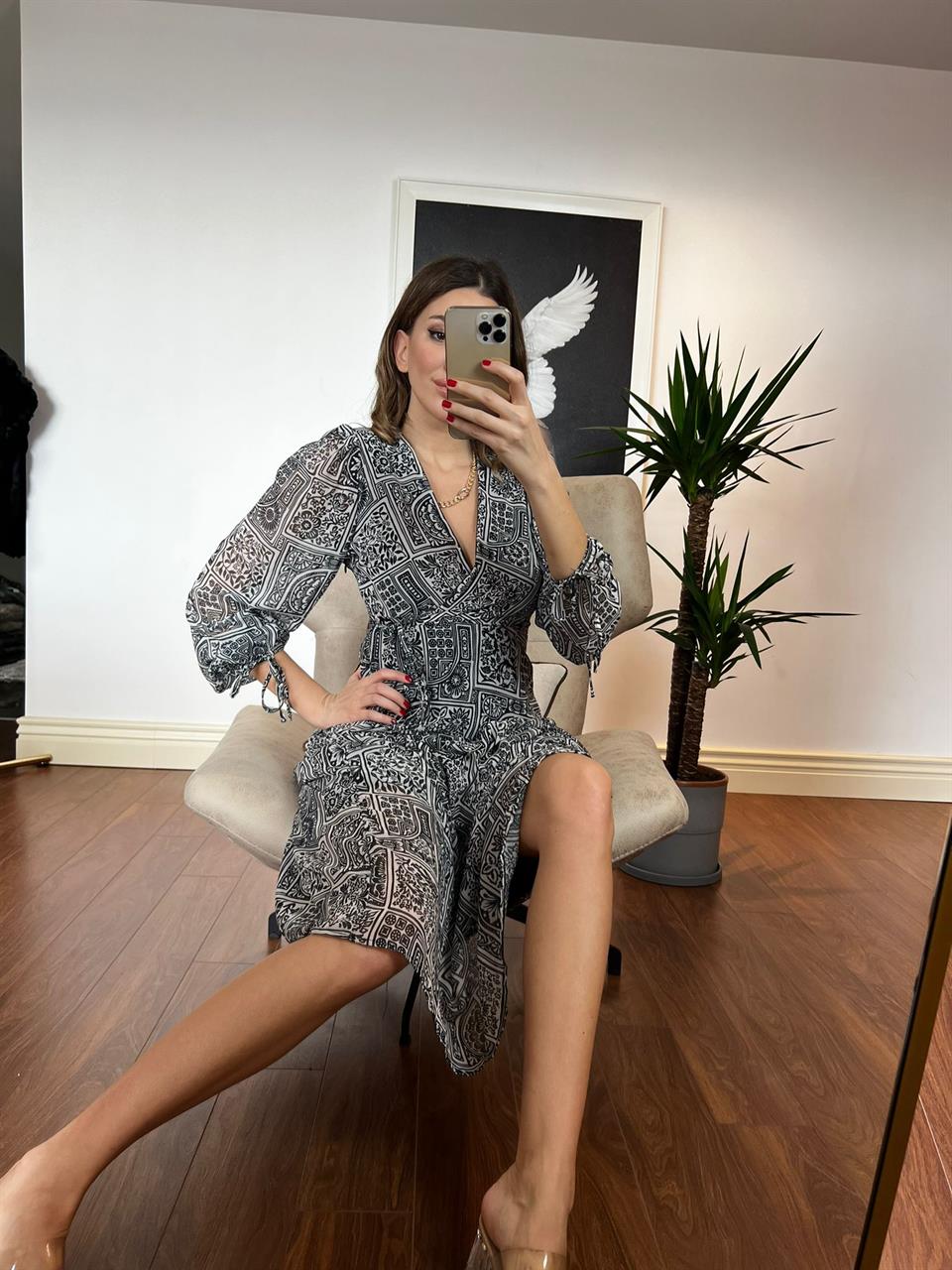 Elyamo Astarlı Desenli Şifon Elbise 230226