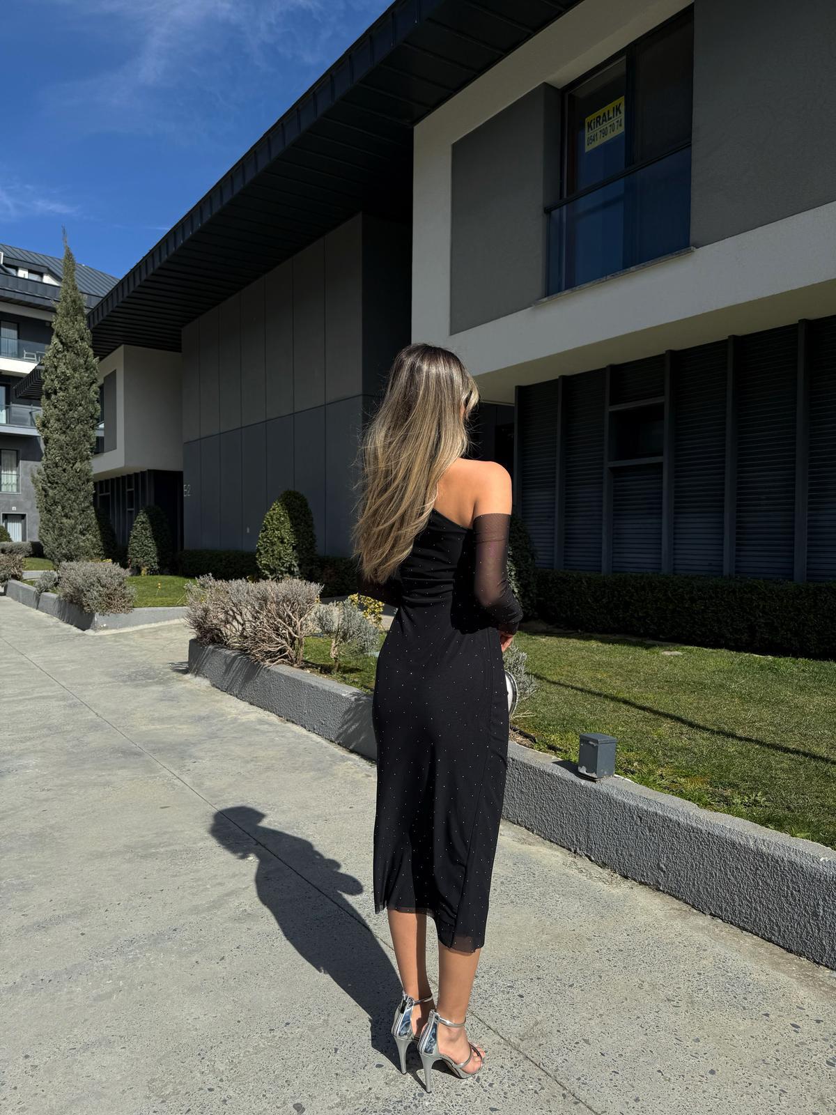 Emily Tek Omuz Taşlı Tül Elbise kelb2210grs