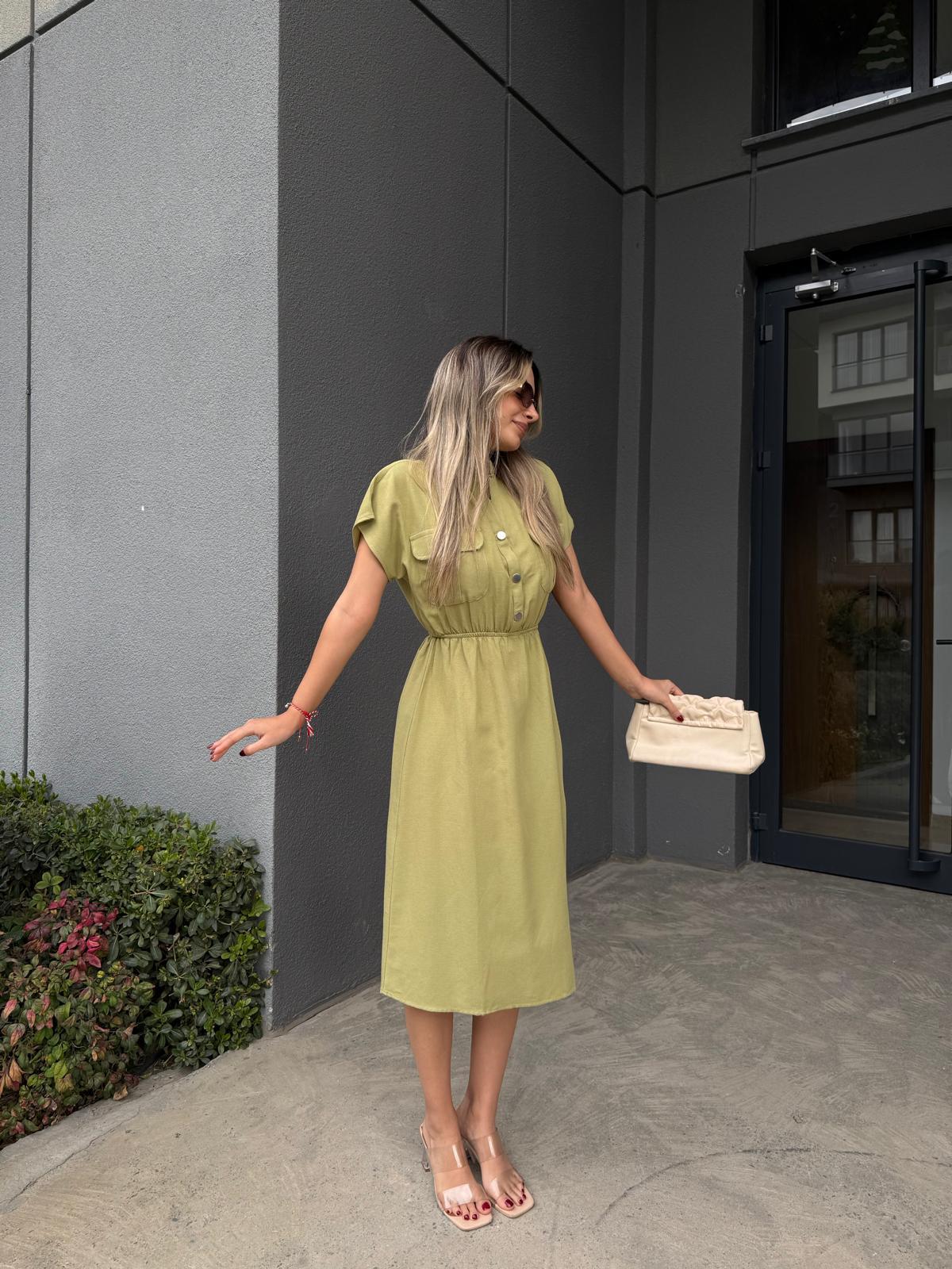 Eteği Çıtçıtlı Keten Elbise Yağ Yeşiliyelb3004ent
