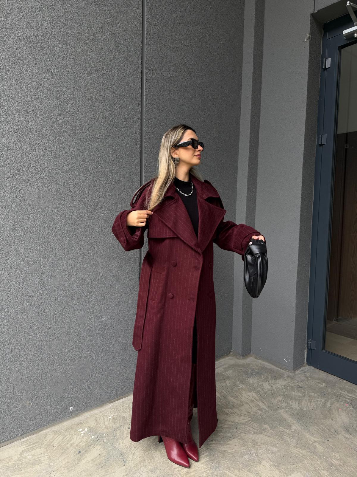 Fera Omuz v Kol Bantlı Premium Bordo Kaşe Kaban kbn2168htfsn