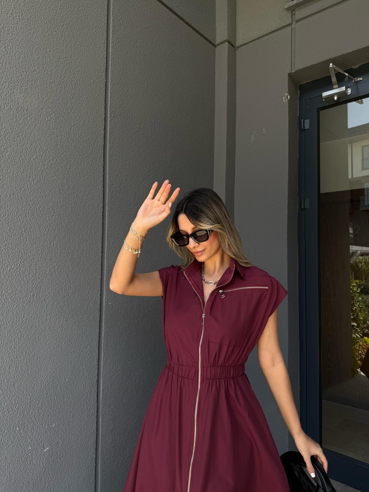 Fermuarlı Bel Lastikli Paraşüt Elbise Bordoyelb3025kd