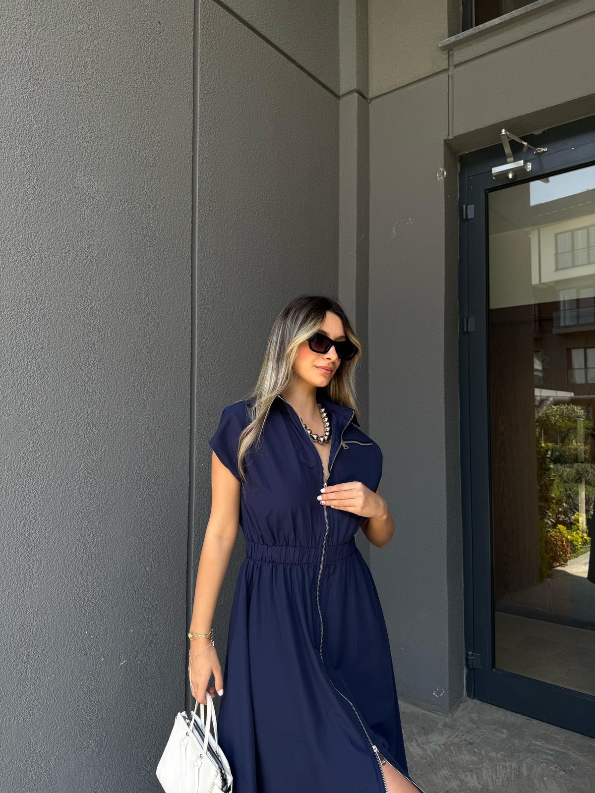 Fermuarlı Bel Lastikli Paraşüt Elbise Lacivertyelb3025kd