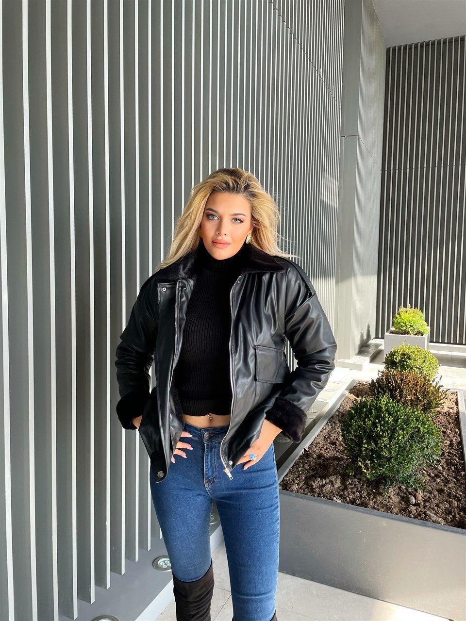 Fermuarlı Deri Mont