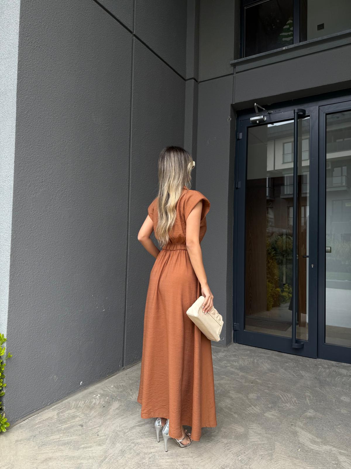Fermuarlı Vatkalı Maxi Elbise Kiremityelb3013ny