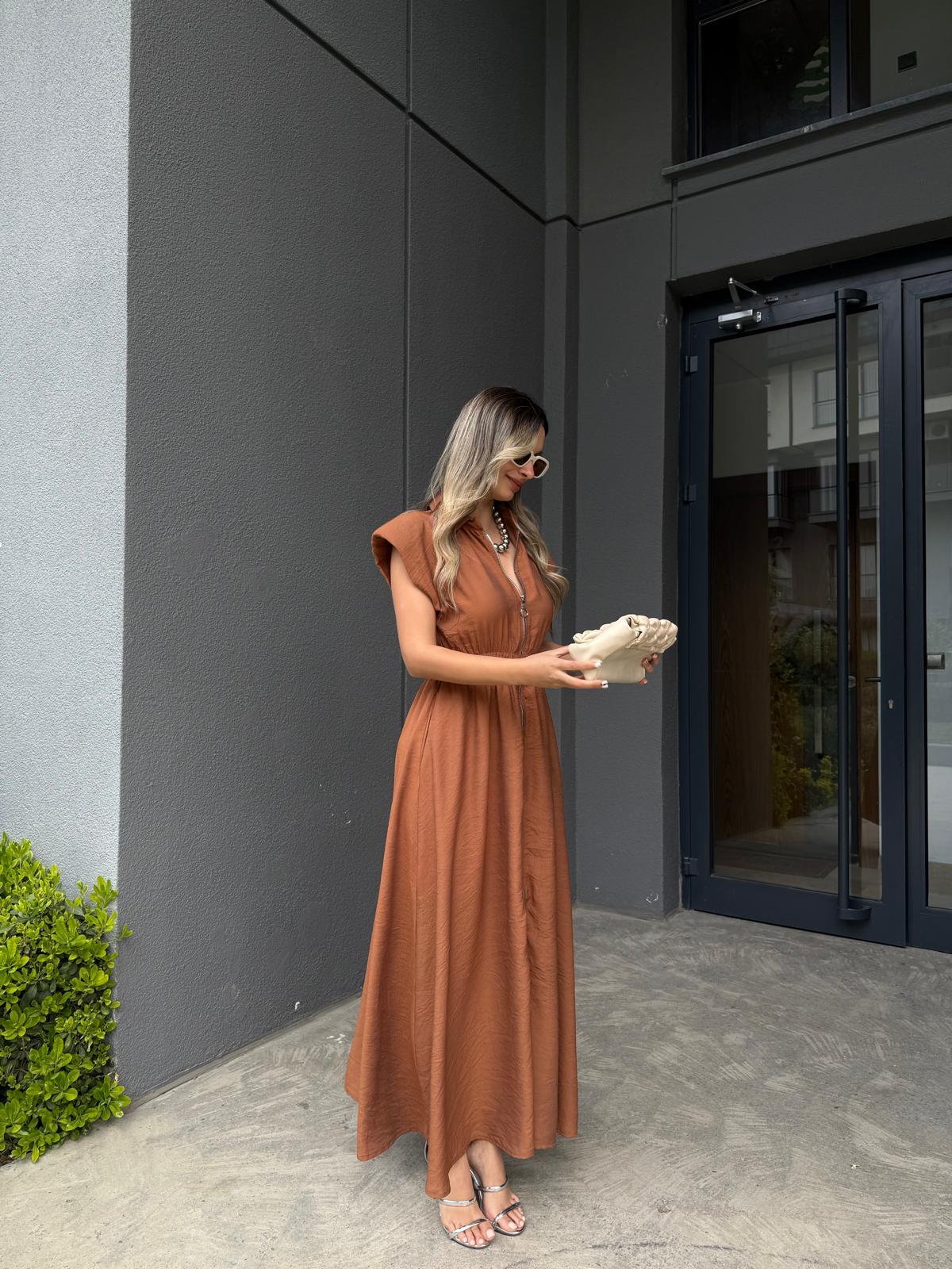 Fermuarlı Vatkalı Maxi Elbise Kiremityelb3013ny